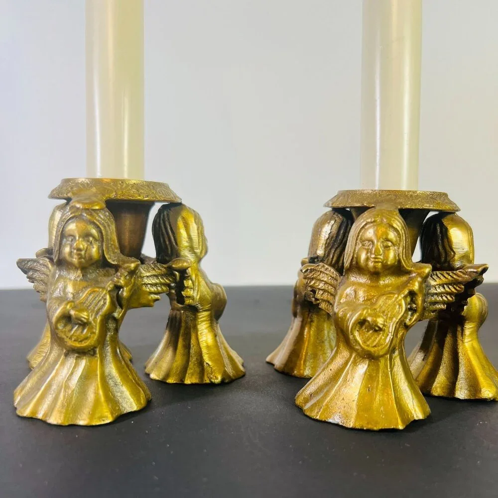Set Of 2 Vintage Brass Trio Angel Tapered‎ Candle Holders 3